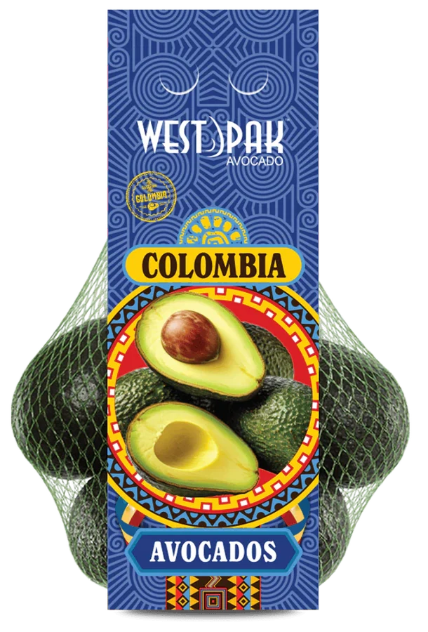 West Pak Colombia avocado bag with its blue patterned label.
