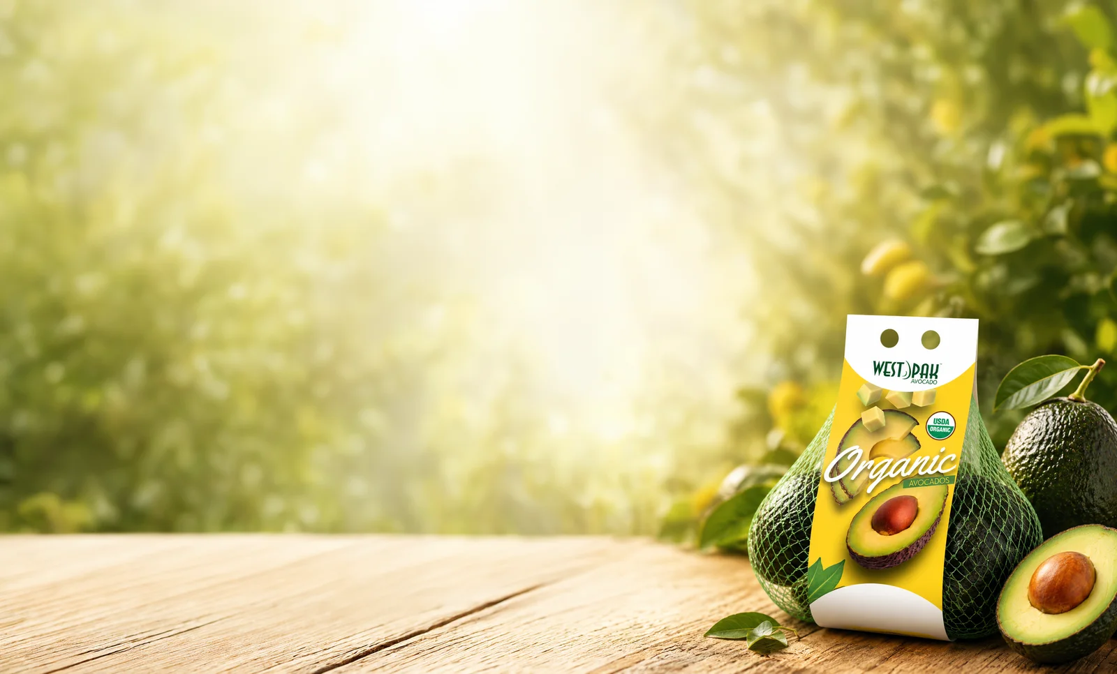 West Pak Organic avocado bag in a sunlit grove