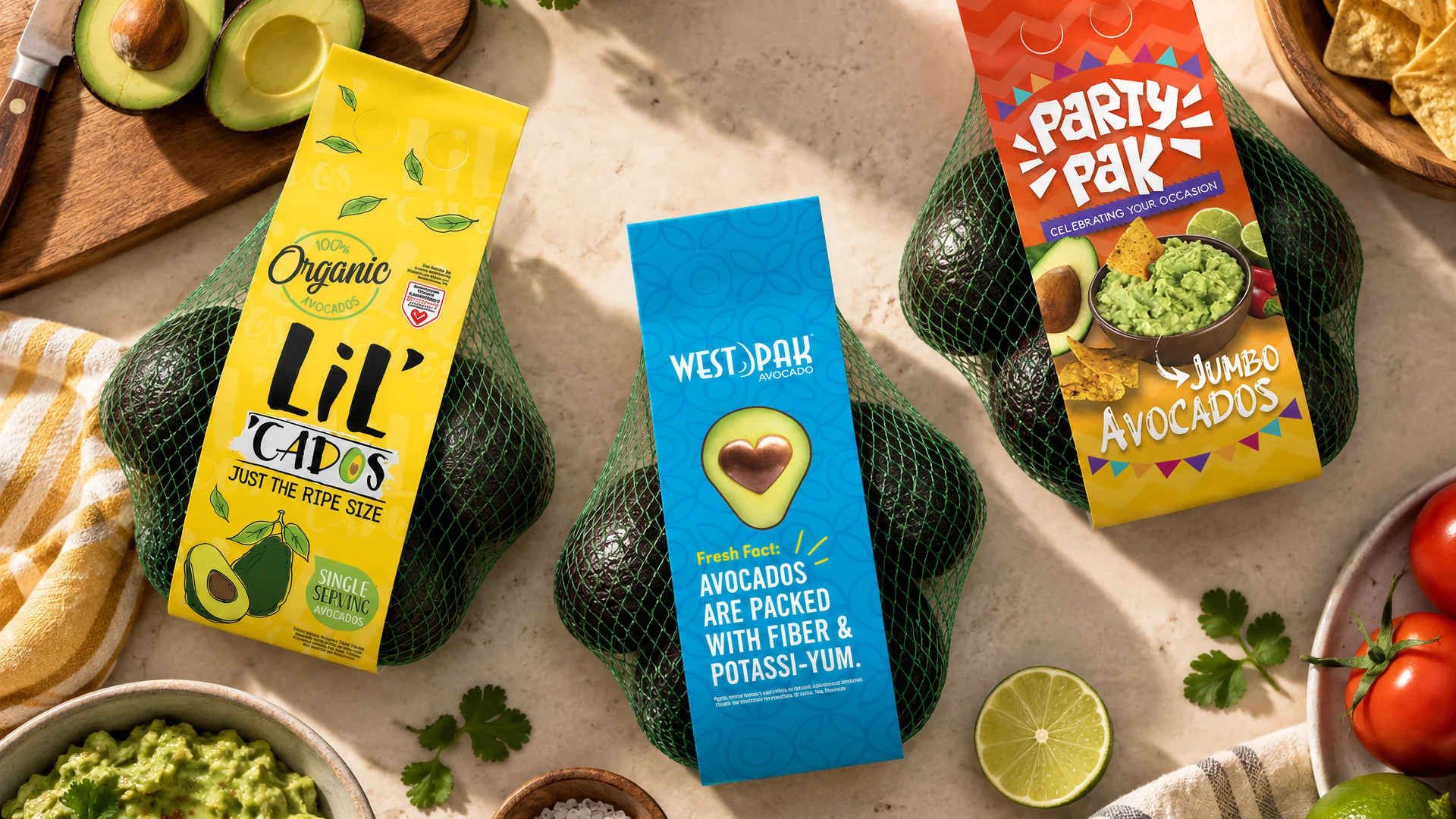 West Pak Organic Lil’ Cados, nutritional and Party Pak avocado bags arranged with avocados and guacamole