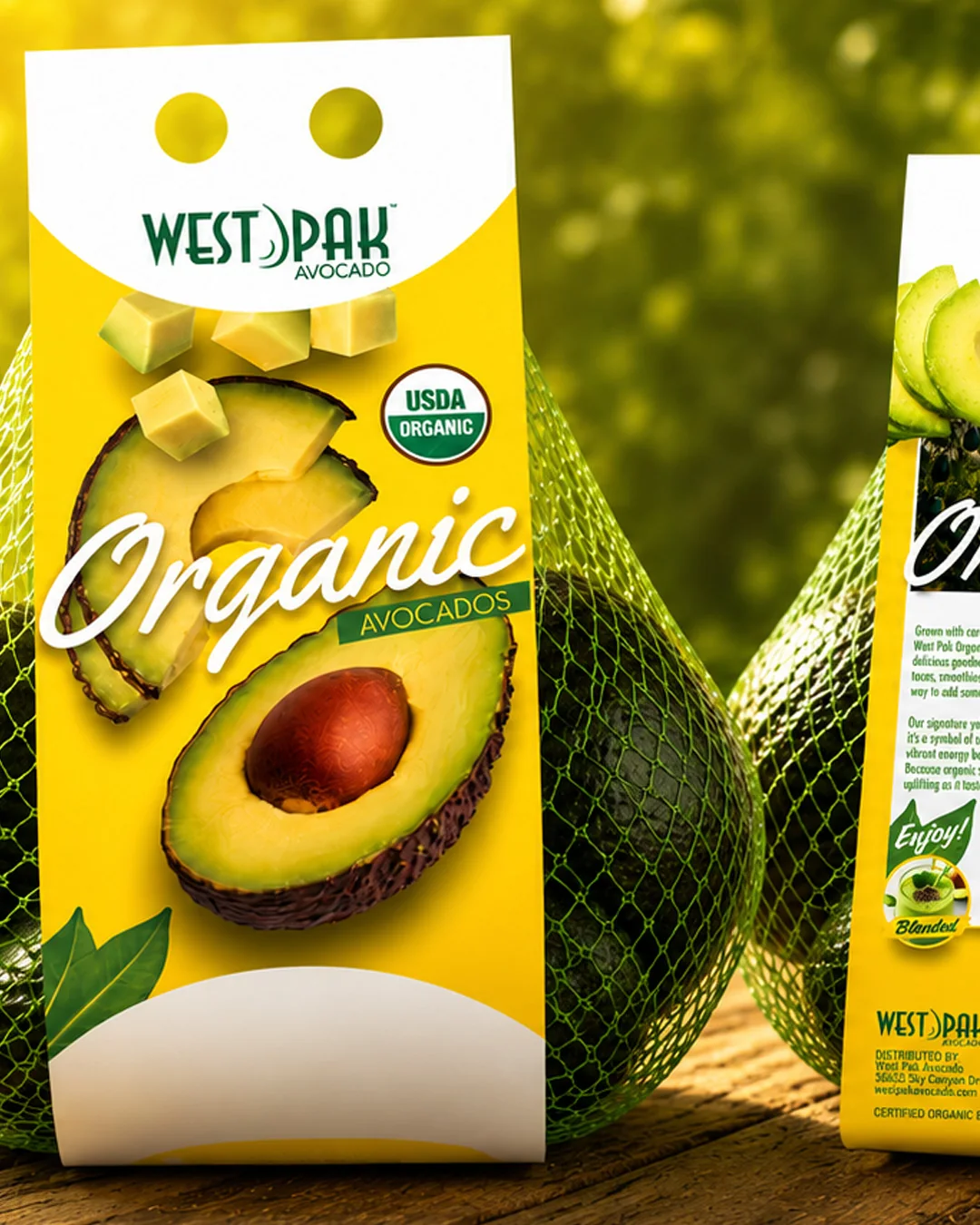 Close-up of the yellow West Pak Organic avocado bag