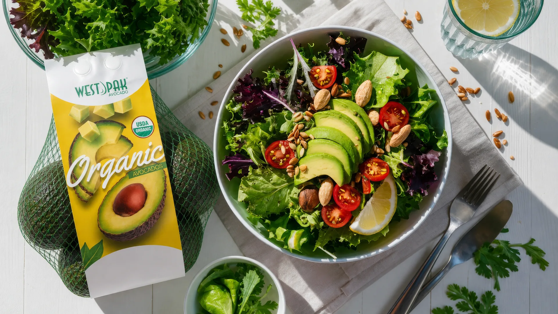A West Pak Organic avocado bag beside a fresh salad bowl topped with sliced avocado
