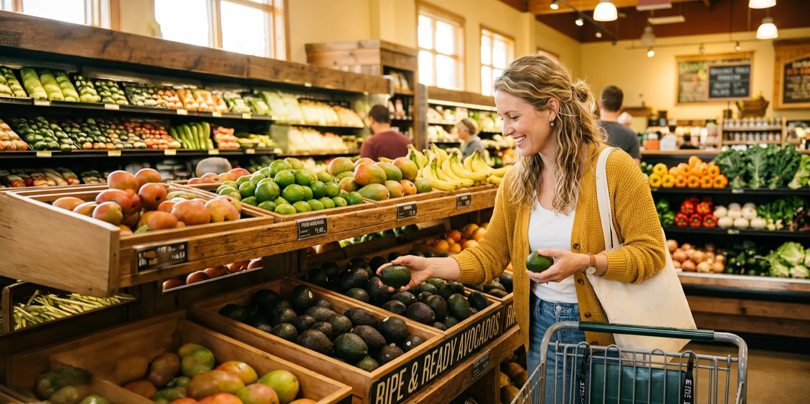 A shopper choosing avocados in a grocery produce aisle
