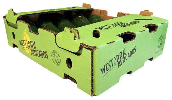The lime-green West Pak conventional avocado lug, packed with fruit