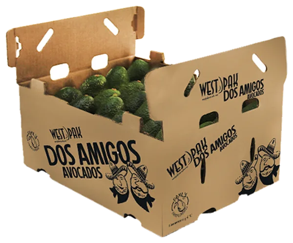 The kraft Dos Amigos lug for number two fruit, packed with avocados