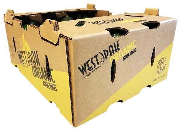 The kraft and yellow West Pak organic avocado lug, packed with fruit